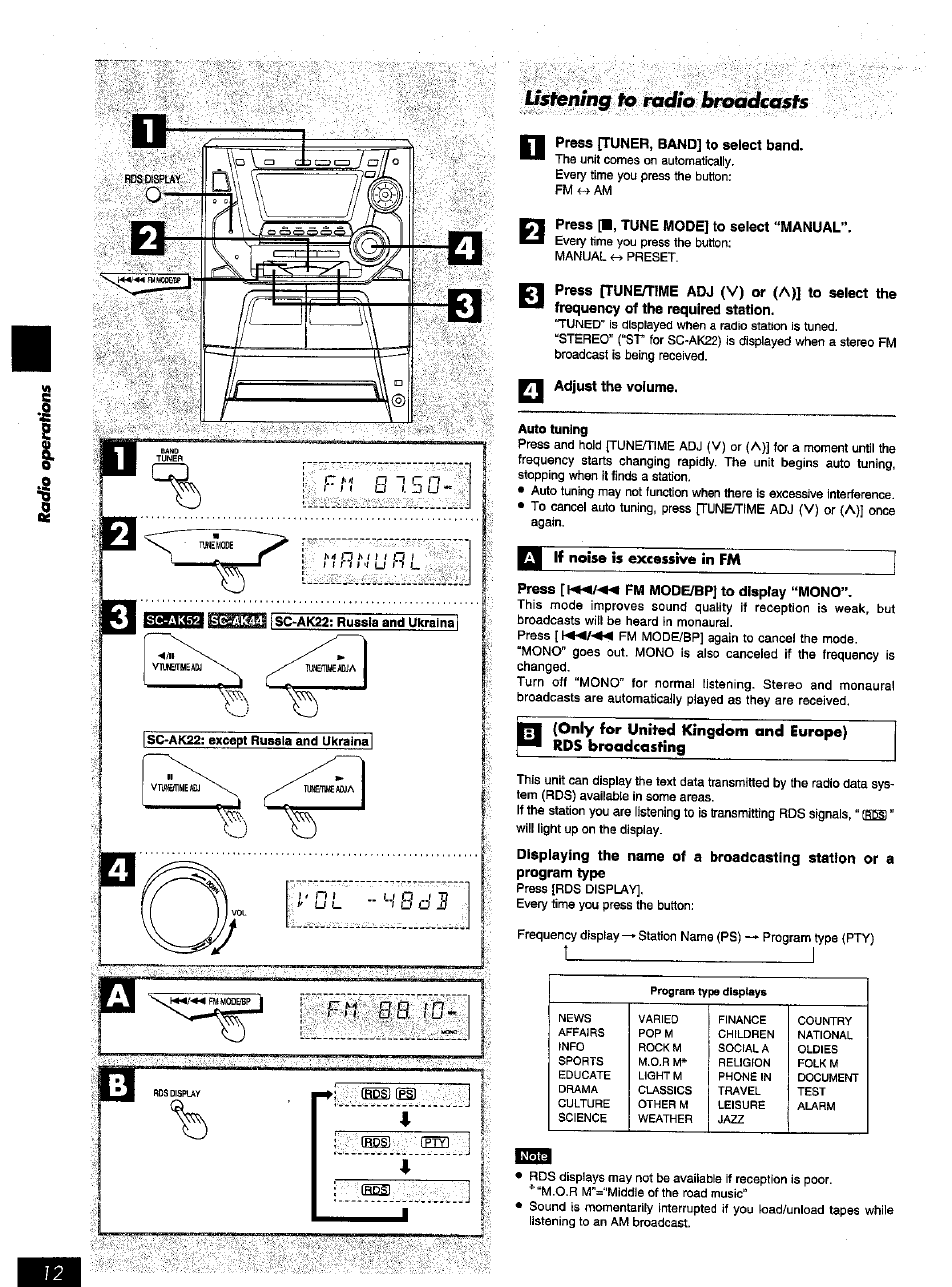 Press {tuner, band] to select band, Press p, tune mode] to select ^‘manual, Adjust the volume | Auto tuning, Press [\«/« fm mode/bp] to display “mono, Usténing, Radio broadcasts, T_____________________ i | Panasonic SC-AK52 EN User Manual | Page 12 / 32
