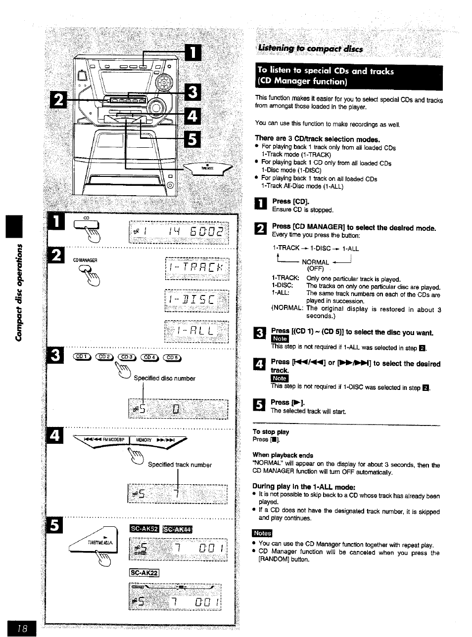 Press [cd, Press [co manager] to select the desired mode, Track | Press, During play in the 1-all mode, Iisfsevt/ng to compact | Panasonic SC-AK52 EN User Manual | Page 18 / 32