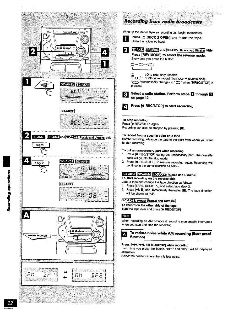 Press [dit deck 2 open] and insert the tape, And |sc-ak22: russia and ukraina| only, Press [rev mode] to select the reverse mode | Press [• rec^top] to start recording, K^oriiing from radh broadcasts | Panasonic SC-AK52 EN User Manual | Page 22 / 32
