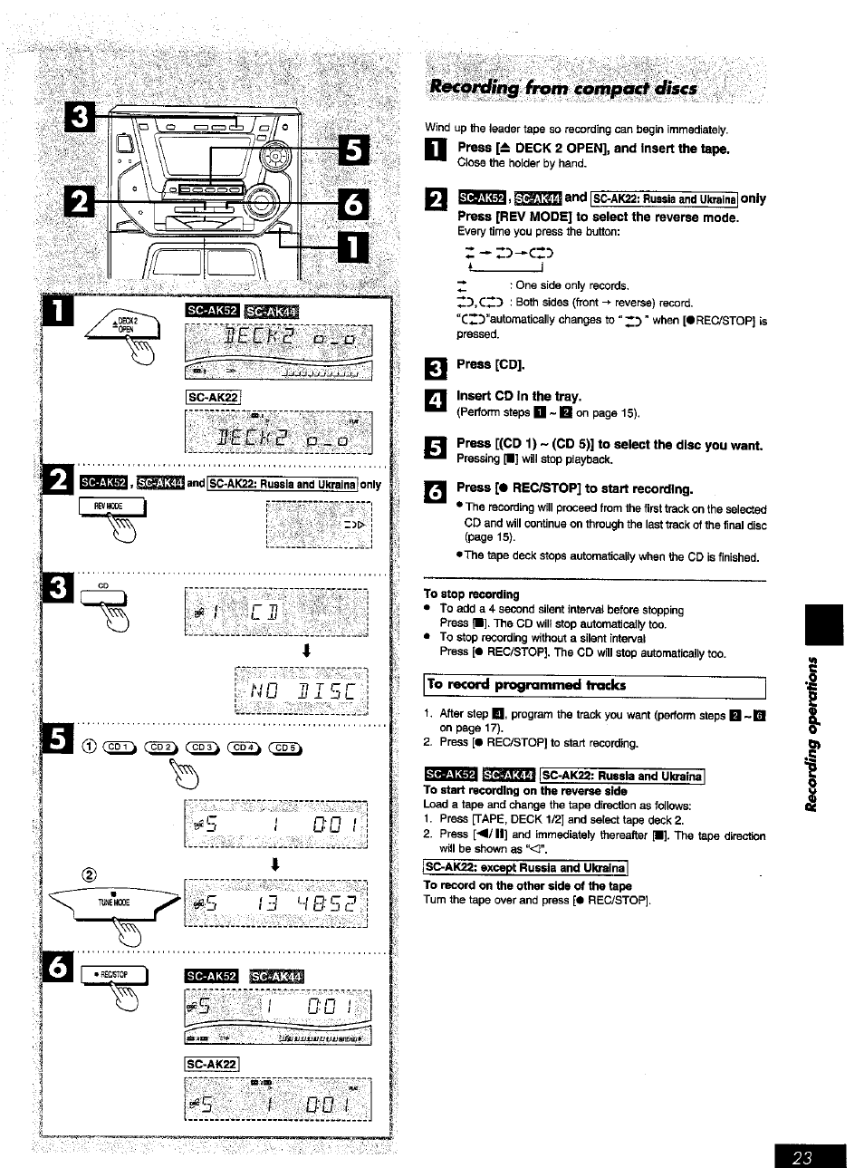 And isc-ak22: russia and ukram only, Press [rev mode] to select the reverse mode, Press [cd | Insert cd in the tray, Press [(cd 1)»(cd 5)] to select the disc you want, Press [• rec^top] to start recording | Panasonic SC-AK52 EN User Manual | Page 23 / 32
