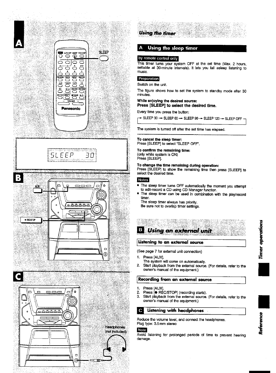 Usih^ fimer, A using the sleep timer, Press [sleep] to select the desired time | I listening to an external source, Listening wth heodphones, Using the sleep timer | Panasonic SC-AK52 EN User Manual | Page 29 / 32