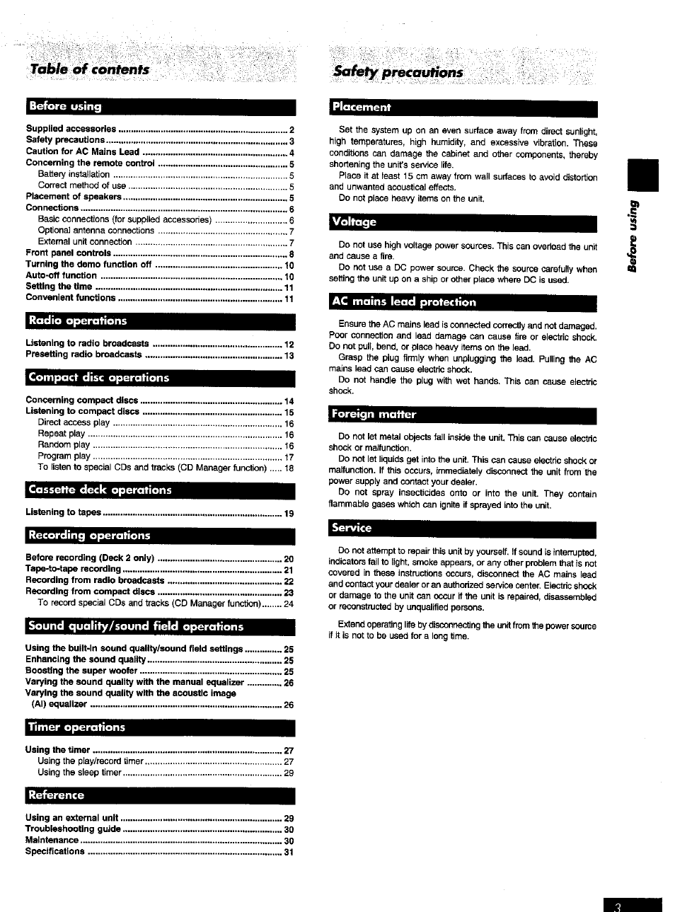 Tabie of cohfenfs sofeiy precquhons | Panasonic SC-AK52 EN User Manual | Page 3 / 32