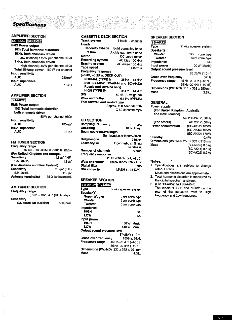 Amplifier section, Amplifier section |sc-ak2, Fm tuner section frequency ran | Am tuner section frequency range, Cassette deck section, Cd section, Speaker section, Notes, Specifkatìons | Panasonic SC-AK52 EN User Manual | Page 31 / 32