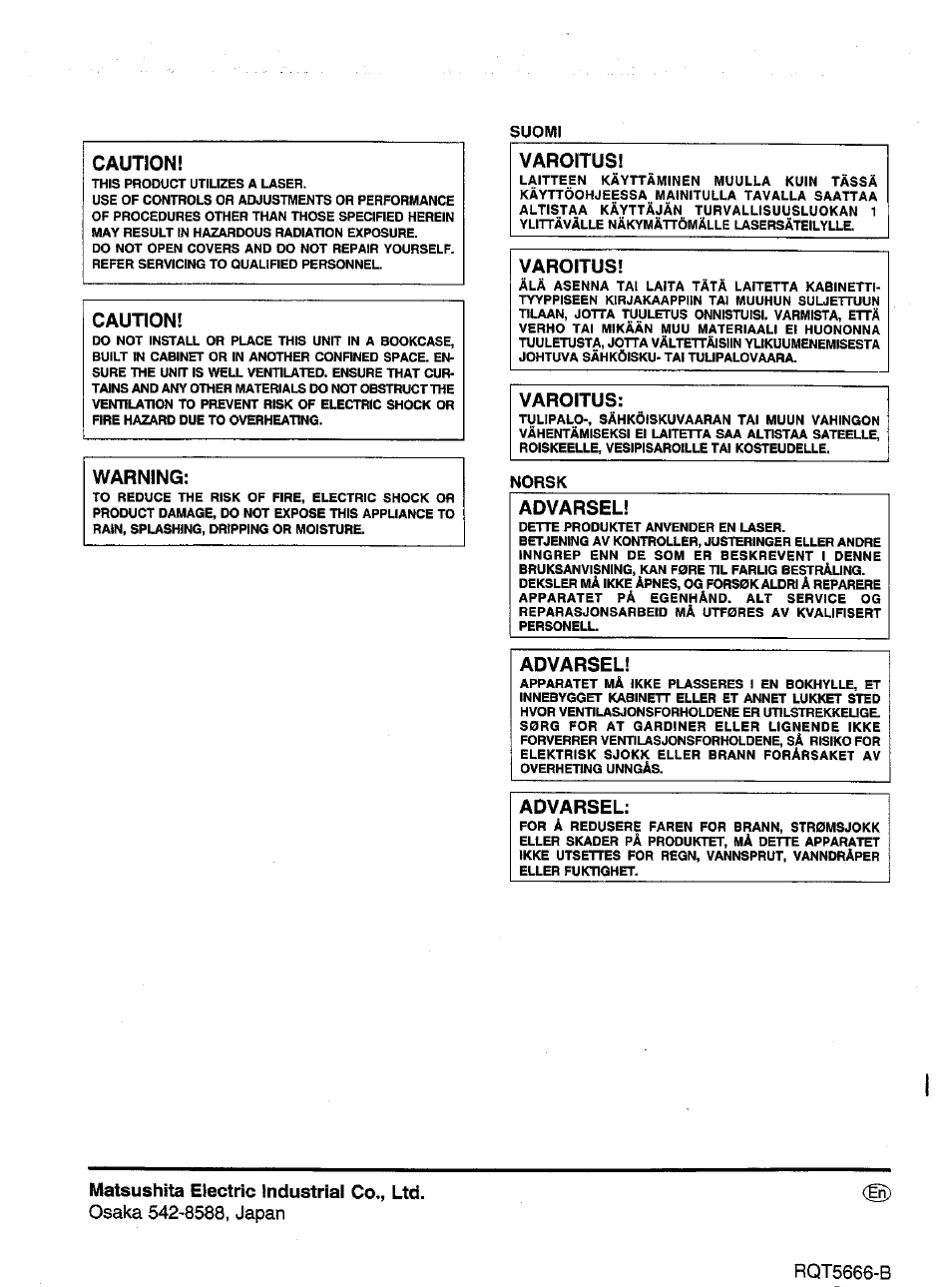 Caution, Varoitus, Advarsel | Matsushita electric industrial co., ltd, Osaka 542-8588, japan, Rqt5666-b, Warning | Panasonic SC-AK52 EN User Manual | Page 32 / 32