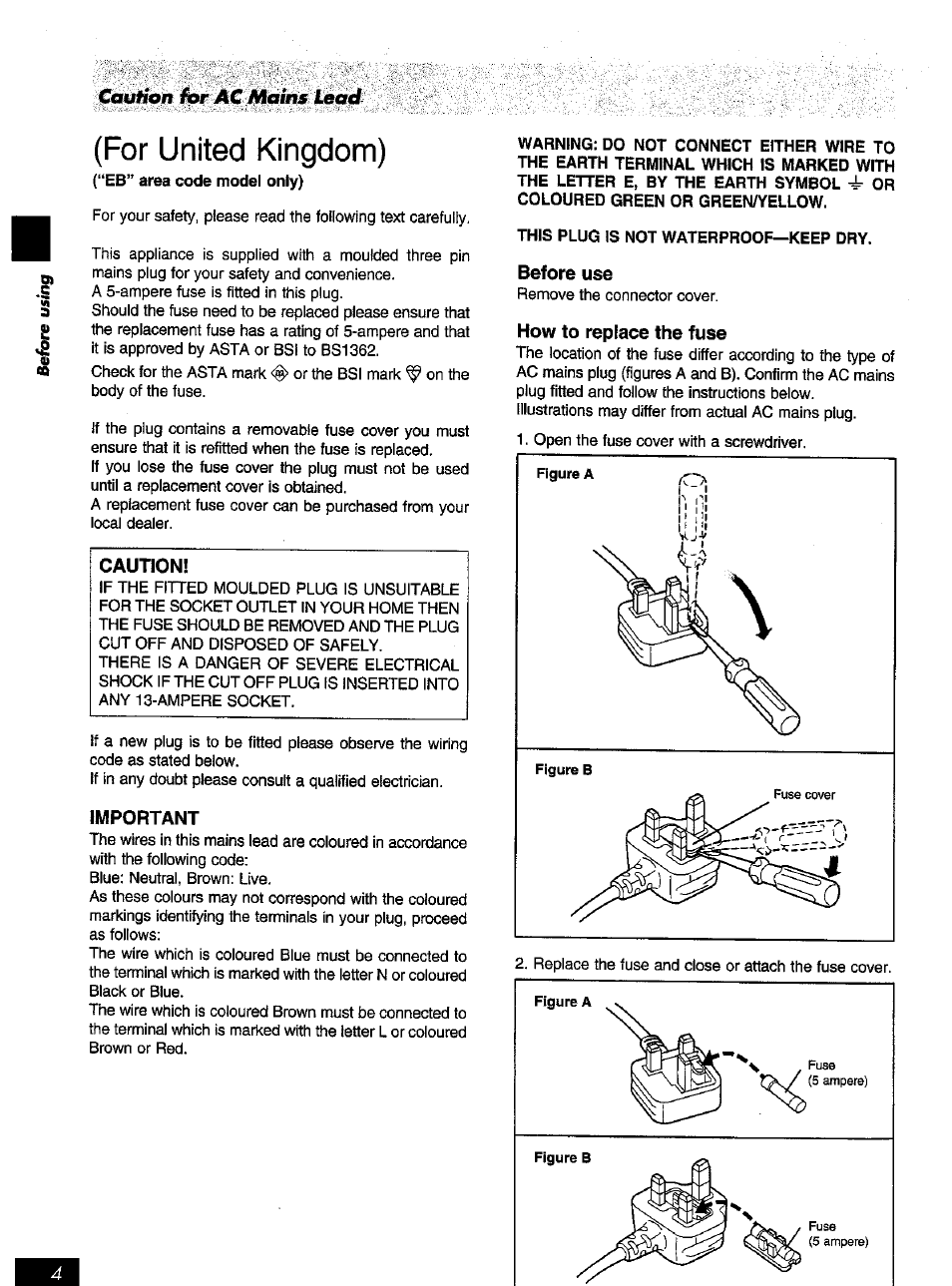 Cotifloft il^r ac ma»i5 lea, For united kingdom), Important | This plug is not waterproof—keep dry, Before use, How to replace the fuse, Cotifloft il^r ac ma»i | Panasonic SC-AK52 EN User Manual | Page 4 / 32