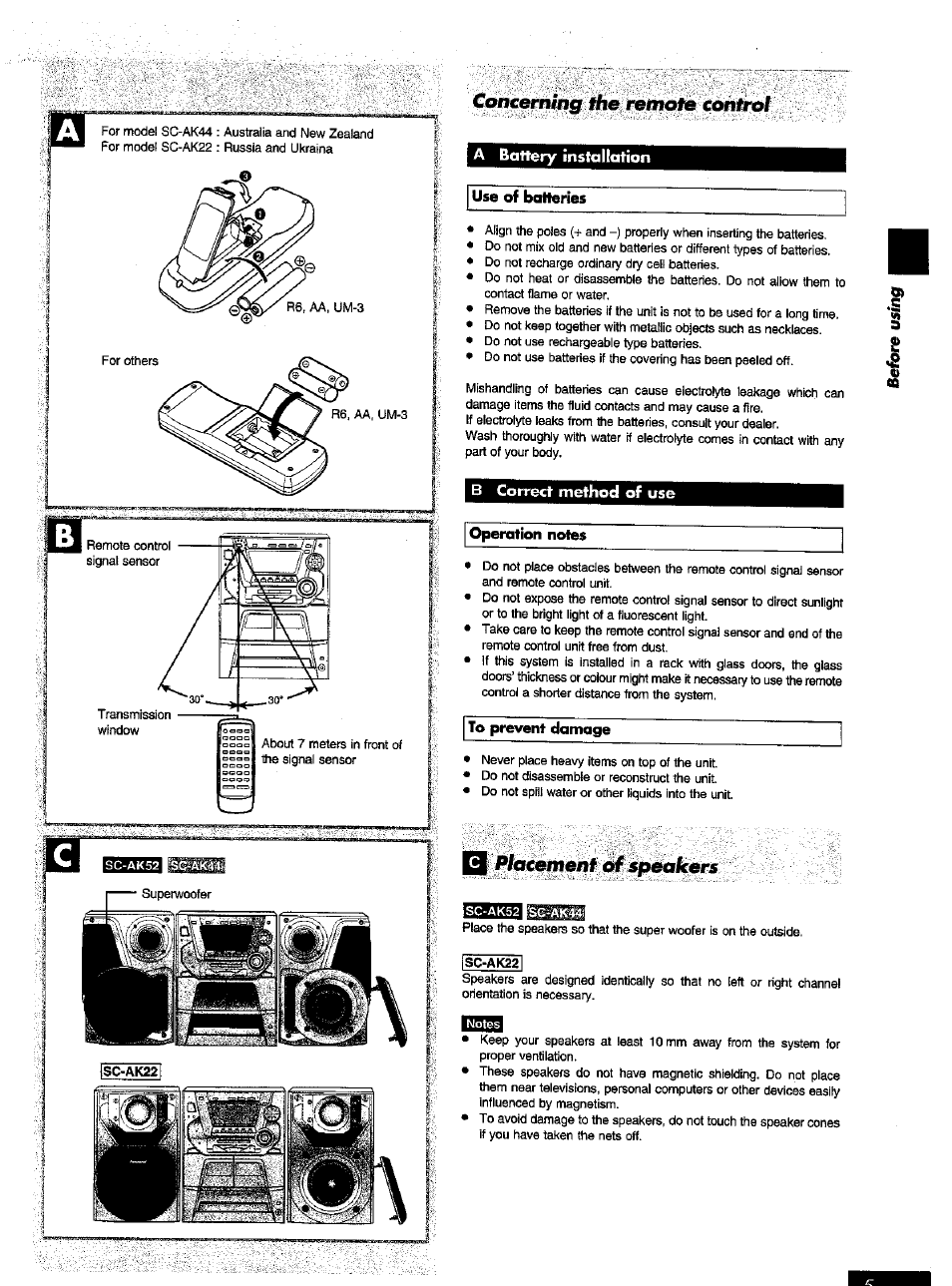 A battery installation, B correct method of use, Battery installation correct method of use | Ptacemerif otspeakors, Jsc-ak22, Concerning the reinofe contrai | Panasonic SC-AK52 EN User Manual | Page 5 / 32