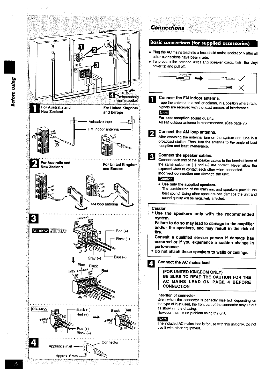 Connect the fm indoor antenna, Connect the am loop antenna, Connect the speaker cables | Connect the ac mains lead, Connections | Panasonic SC-AK52 EN User Manual | Page 6 / 32