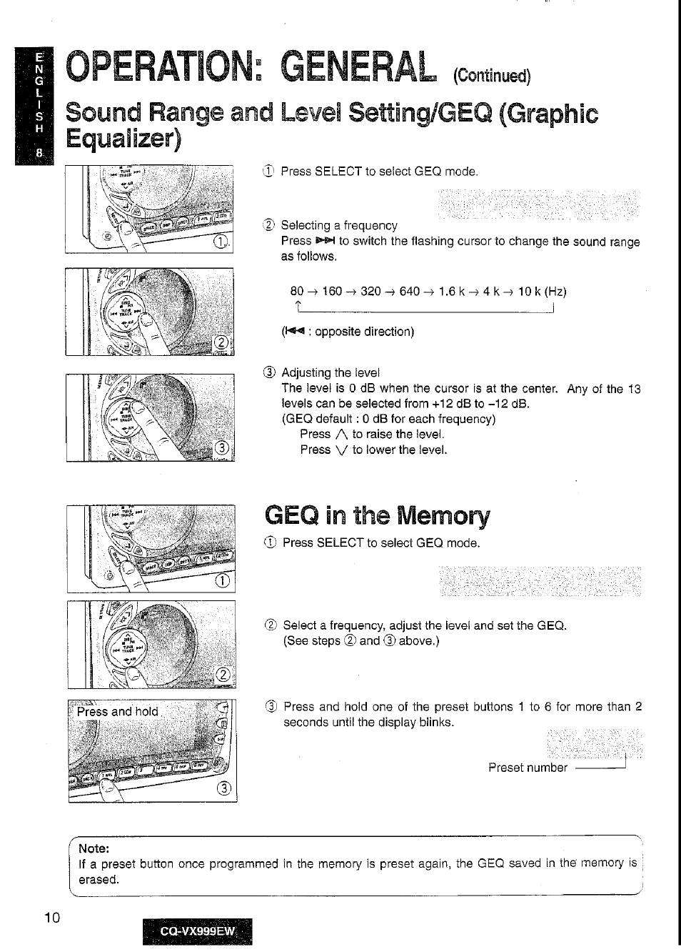 Geq in the memory, Operation: general, Range | Equalizer), Sound, And level seiting/geq (graphic | Panasonic CQ-VX999EW User Manual | Page 10 / 54