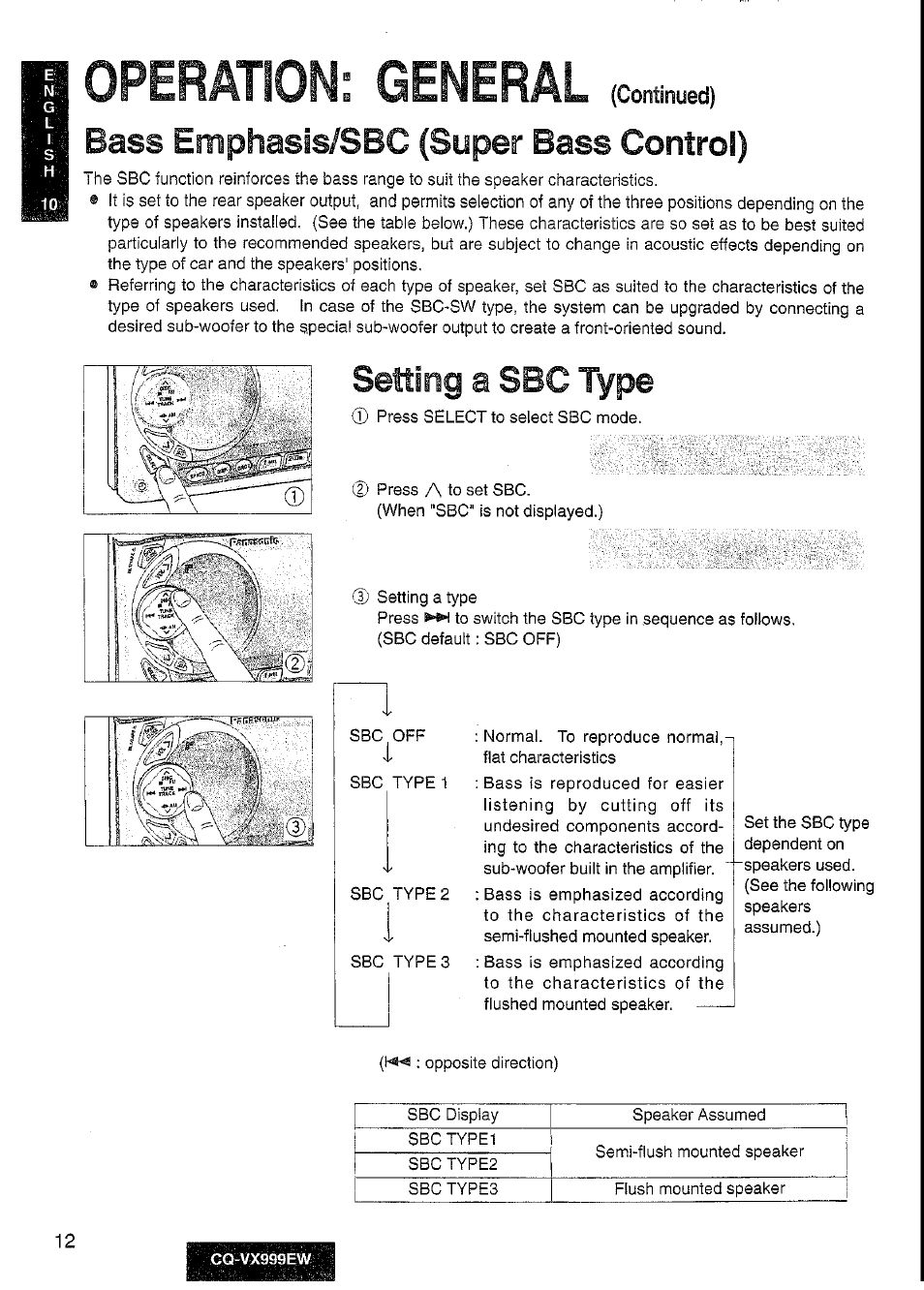 Bass emphasis/sbc (super bass control), Operation: general, Setting | A sbc type | Panasonic CQ-VX999EW User Manual | Page 12 / 54