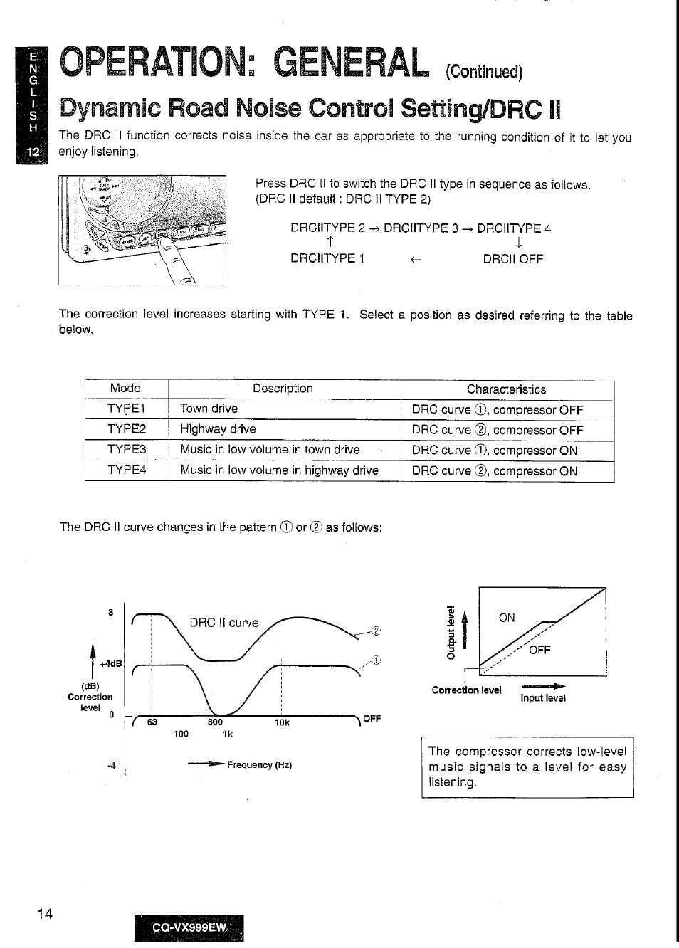 В operation; general (continued), H dynamic road noise controi setting/drc li, Operation; general | Panasonic CQ-VX999EW User Manual | Page 14 / 54