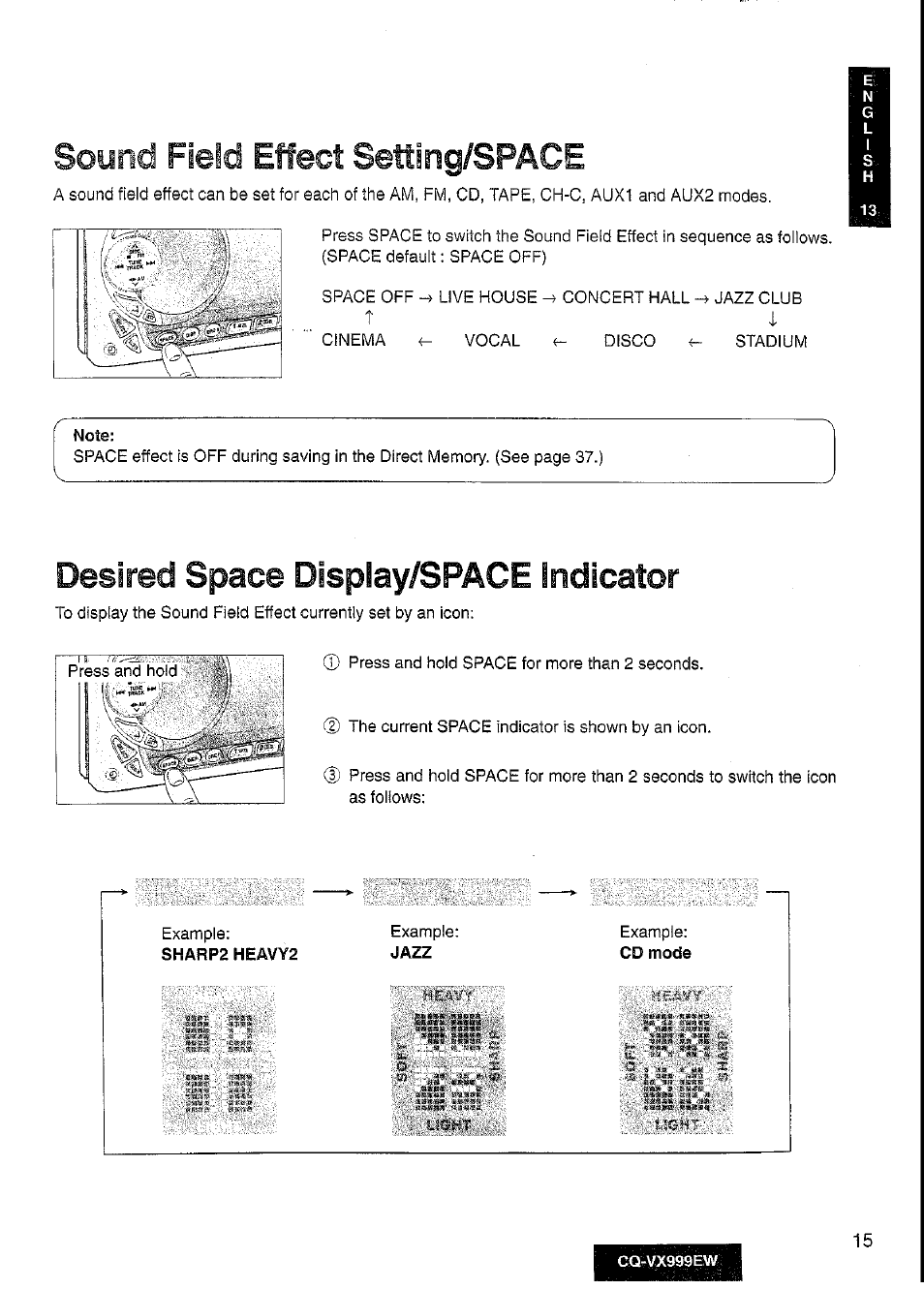 Desired space display/space indicator, Sound field effect setts ng/space | Panasonic CQ-VX999EW User Manual | Page 15 / 54
