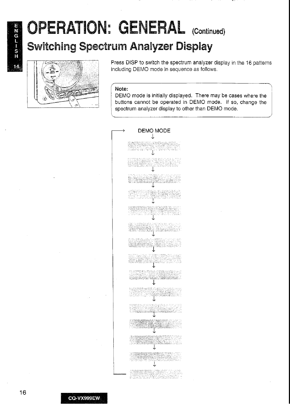Operation; general (continued), Switching spectrum analyzer display, Operation; general | Panasonic CQ-VX999EW User Manual | Page 16 / 54