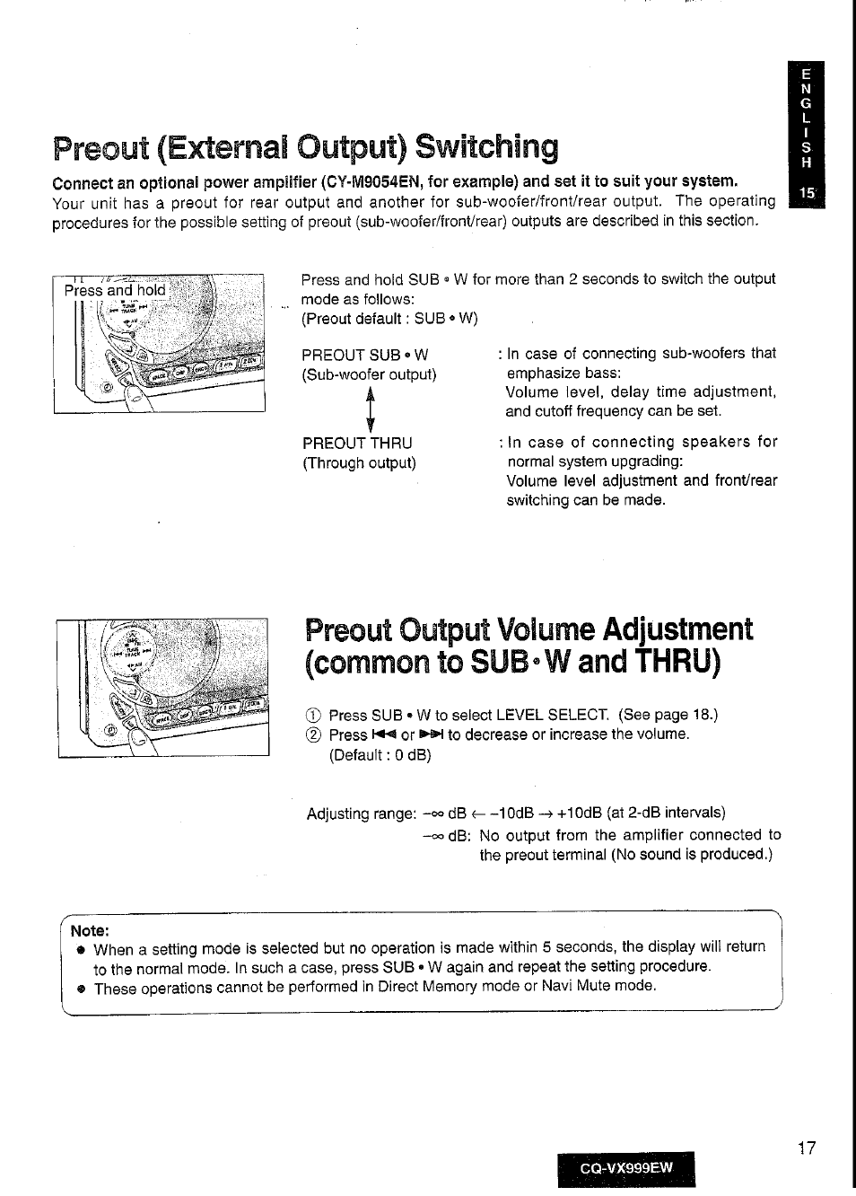 Preout (external output) switching, Note | Panasonic CQ-VX999EW User Manual | Page 17 / 54
