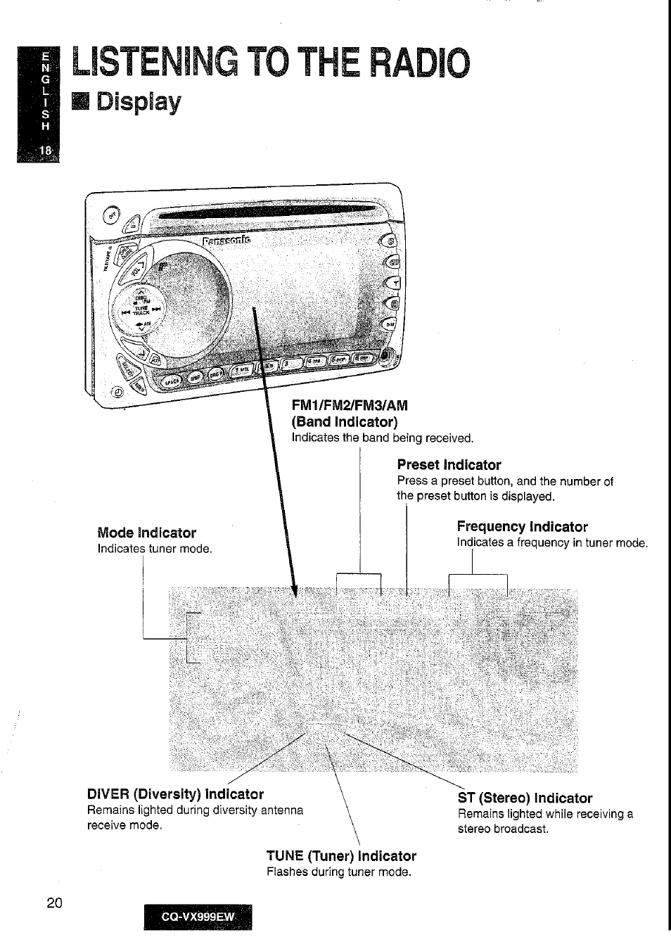 Listening to the radio, Display, Preset indicator | Frequency indicator, Diver (diversity) indicator, St (stereo) indicator, Tune (tuner) indicator | Panasonic CQ-VX999EW User Manual | Page 20 / 54