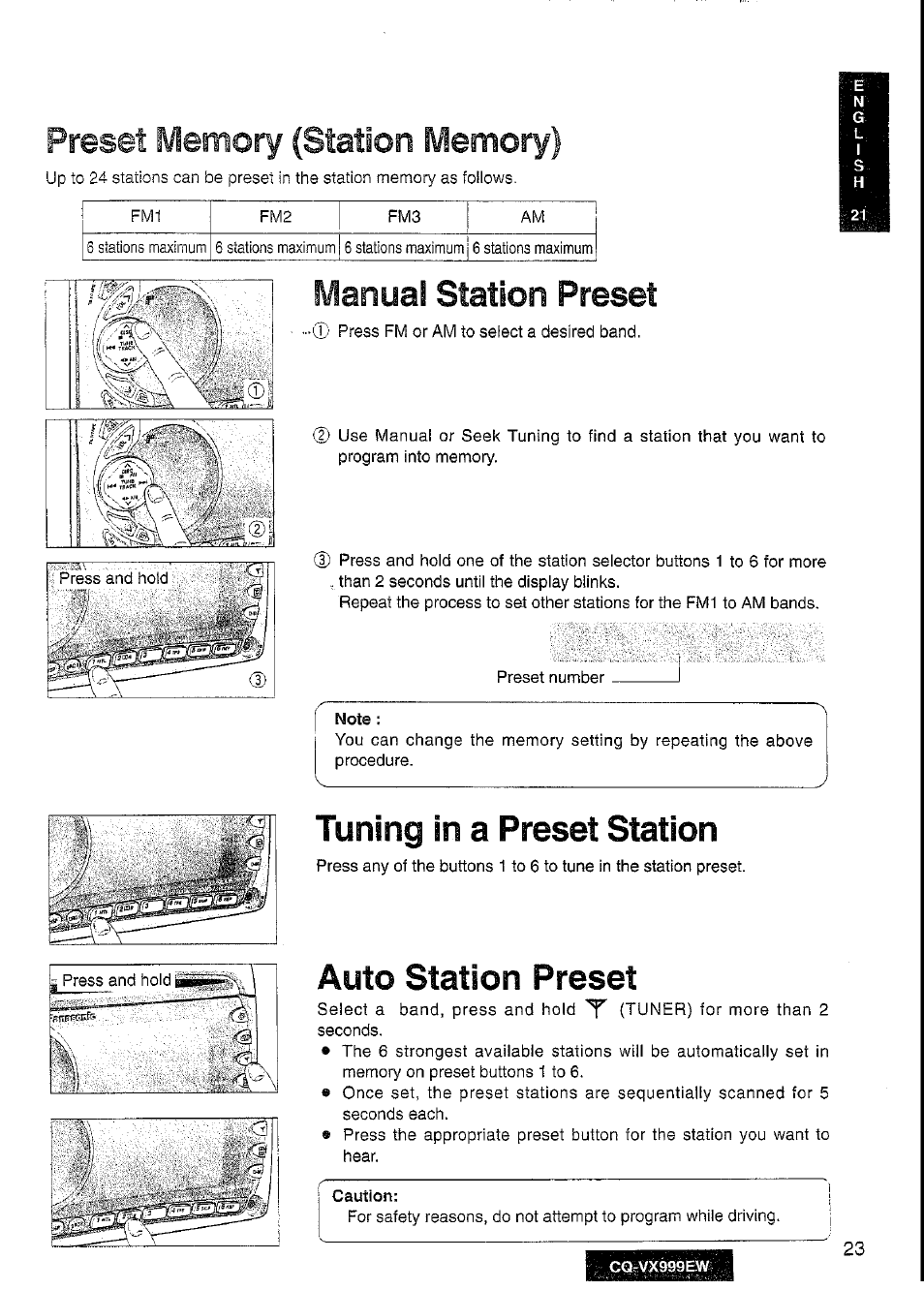 Manual station preset, Tuning in a preset station, Auto station preset | Panasonic CQ-VX999EW User Manual | Page 23 / 54