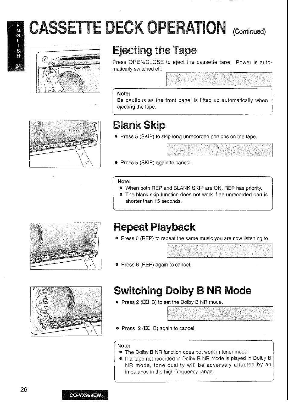Cassehe deck operation, Ejecting the tape, Blank skip | Repeat playback, Switching dolby b nr mode | Panasonic CQ-VX999EW User Manual | Page 26 / 54