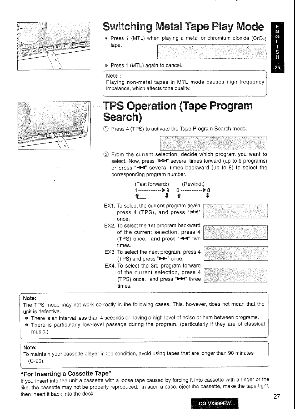 Switching metal tape piay mode, Tps operation (tape program search), For inserting a cassette tape | Panasonic CQ-VX999EW User Manual | Page 27 / 54