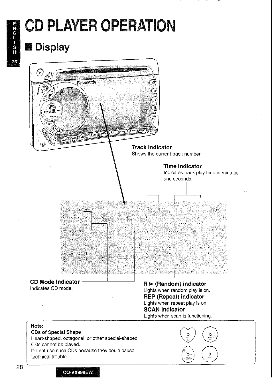 Cd player operation, Display, Note | Panasonic CQ-VX999EW User Manual | Page 28 / 54