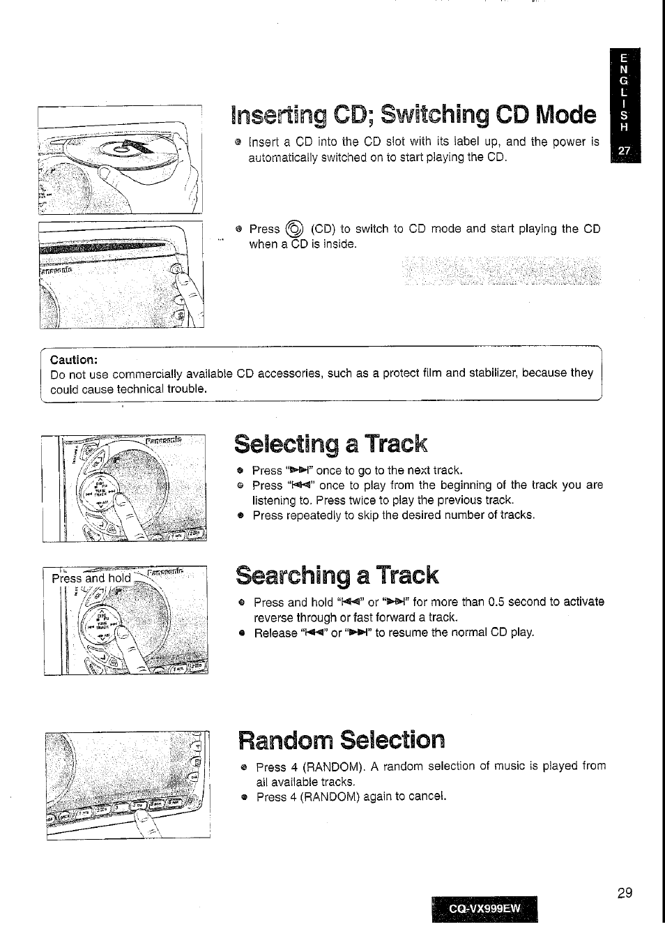 Selecting a track, Searching a track, Random selection | Inserting cd; switching cd mode | Panasonic CQ-VX999EW User Manual | Page 29 / 54