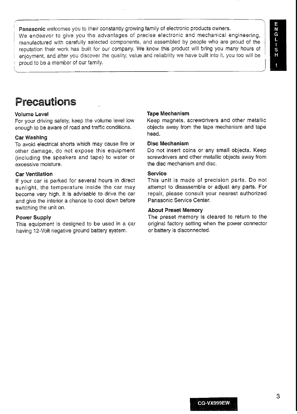 Precautions | Panasonic CQ-VX999EW User Manual | Page 3 / 54