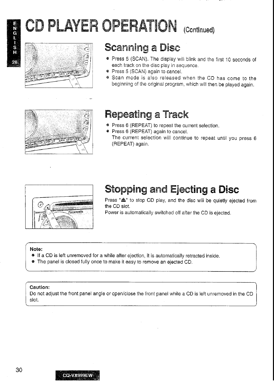 Cd player operation (continued), Repeating a track, Cd player operation | Scanning a disc, Stopping and ejecting a disc | Panasonic CQ-VX999EW User Manual | Page 30 / 54
