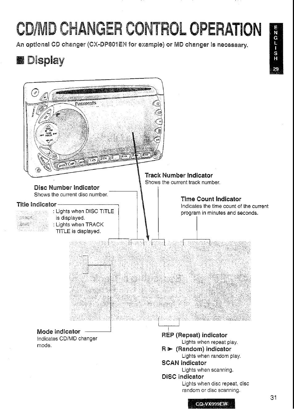 Cd/md changer control operation, Rep (repeat) indicator, R ^ (random) indicator | Scan indicator, Disc indicator, Display, Changer | Panasonic CQ-VX999EW User Manual | Page 31 / 54