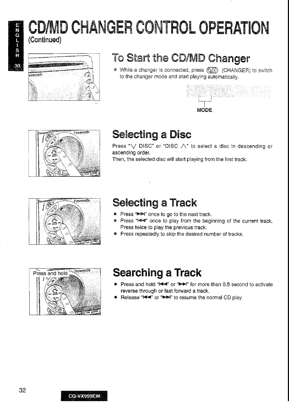 Cd/md changer control operation, Selecting a disc, Selecting a track | Searching a track, Changer, Cdmd | Panasonic CQ-VX999EW User Manual | Page 32 / 54