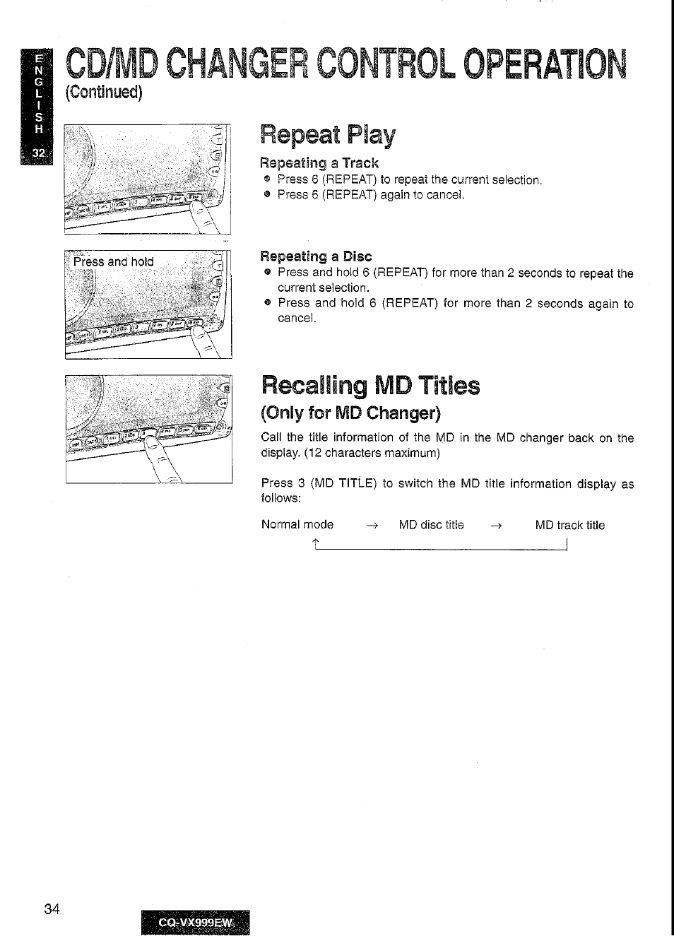 Cd/md changer control operation, Recalling md titles, Repeat play | Panasonic CQ-VX999EW User Manual | Page 34 / 54