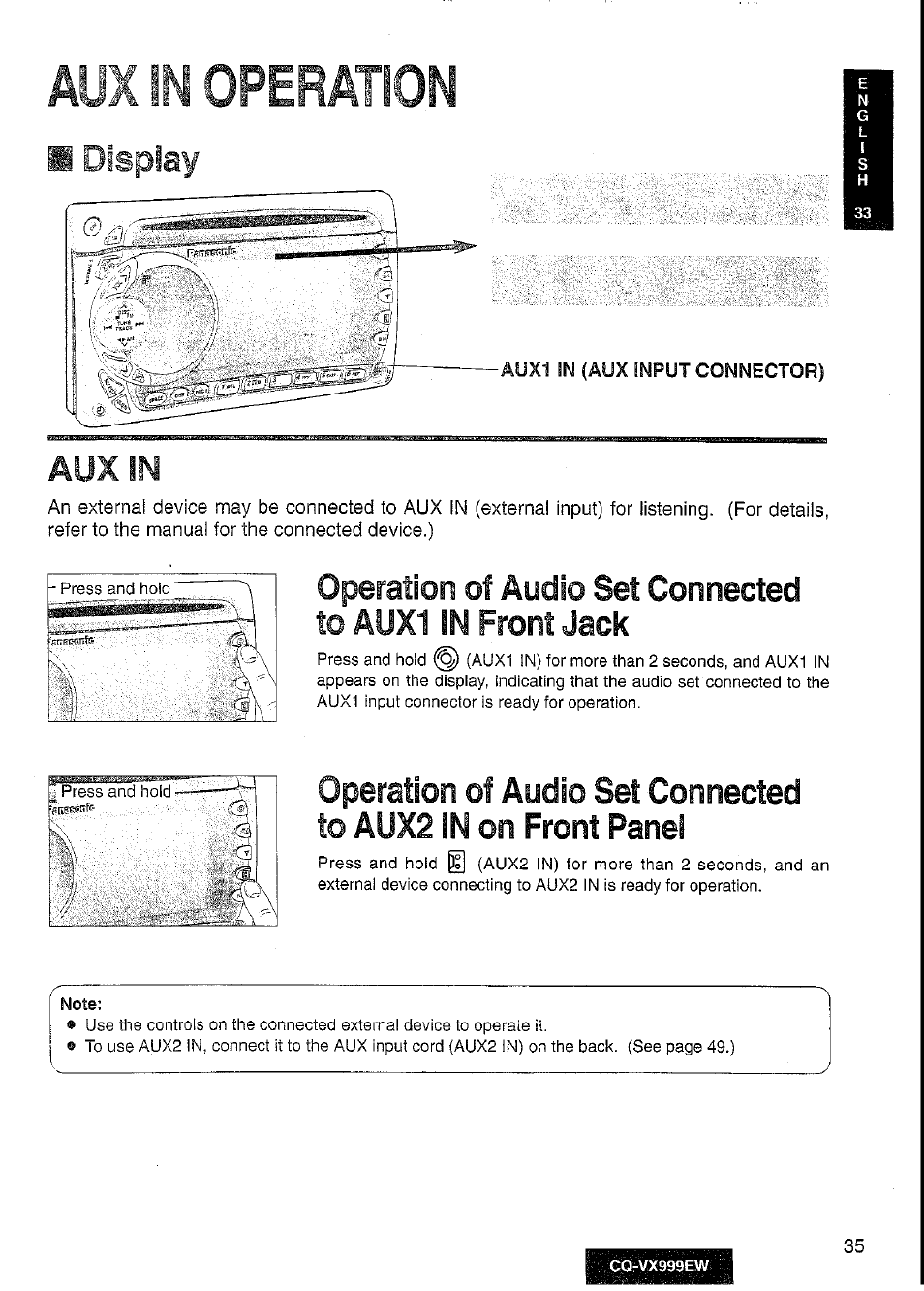 Aux in, Operation | Panasonic CQ-VX999EW User Manual | Page 35 / 54
