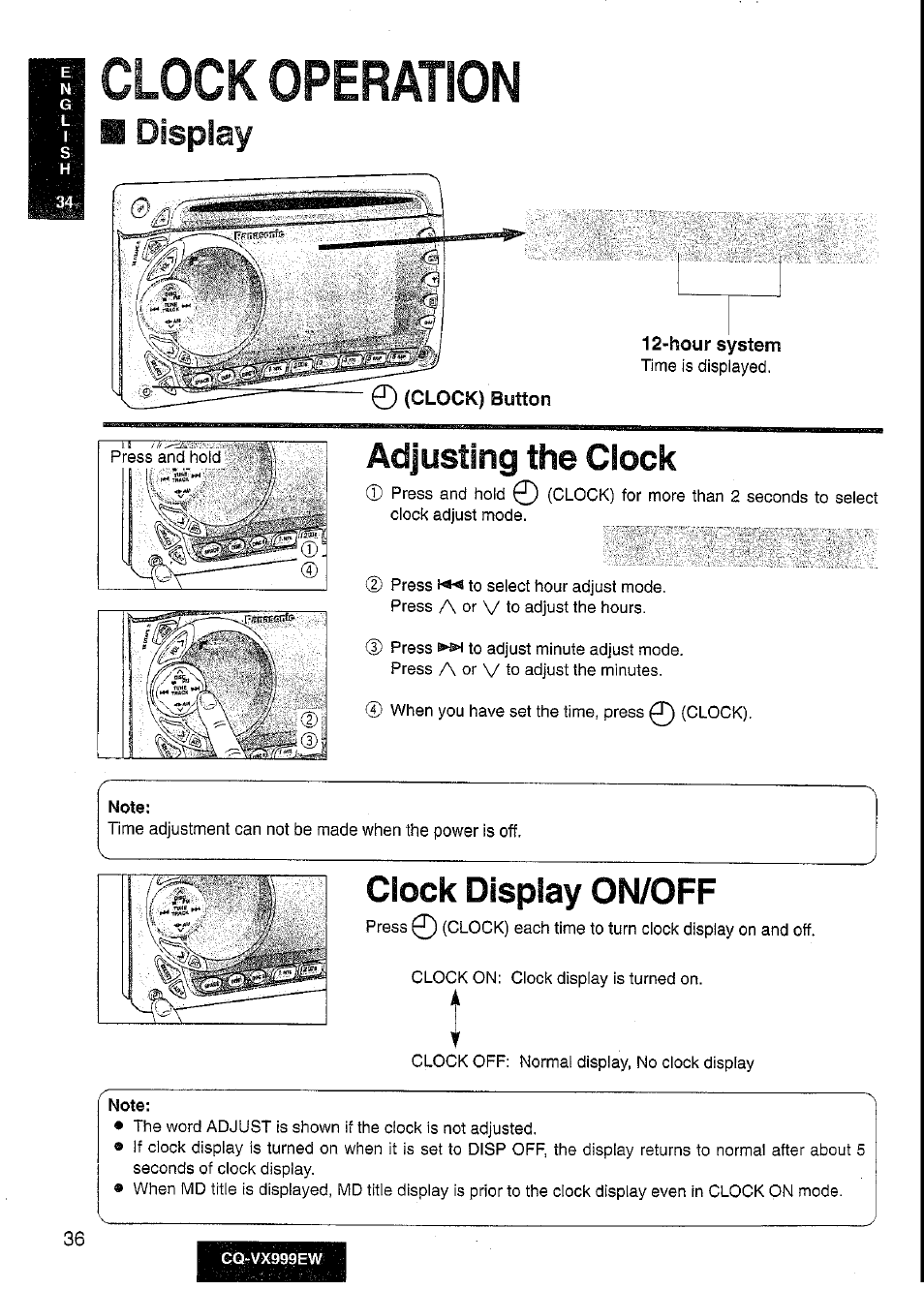 Clock operation, Display, Adjusting the clock | Note, Clock display on/off | Panasonic CQ-VX999EW User Manual | Page 36 / 54