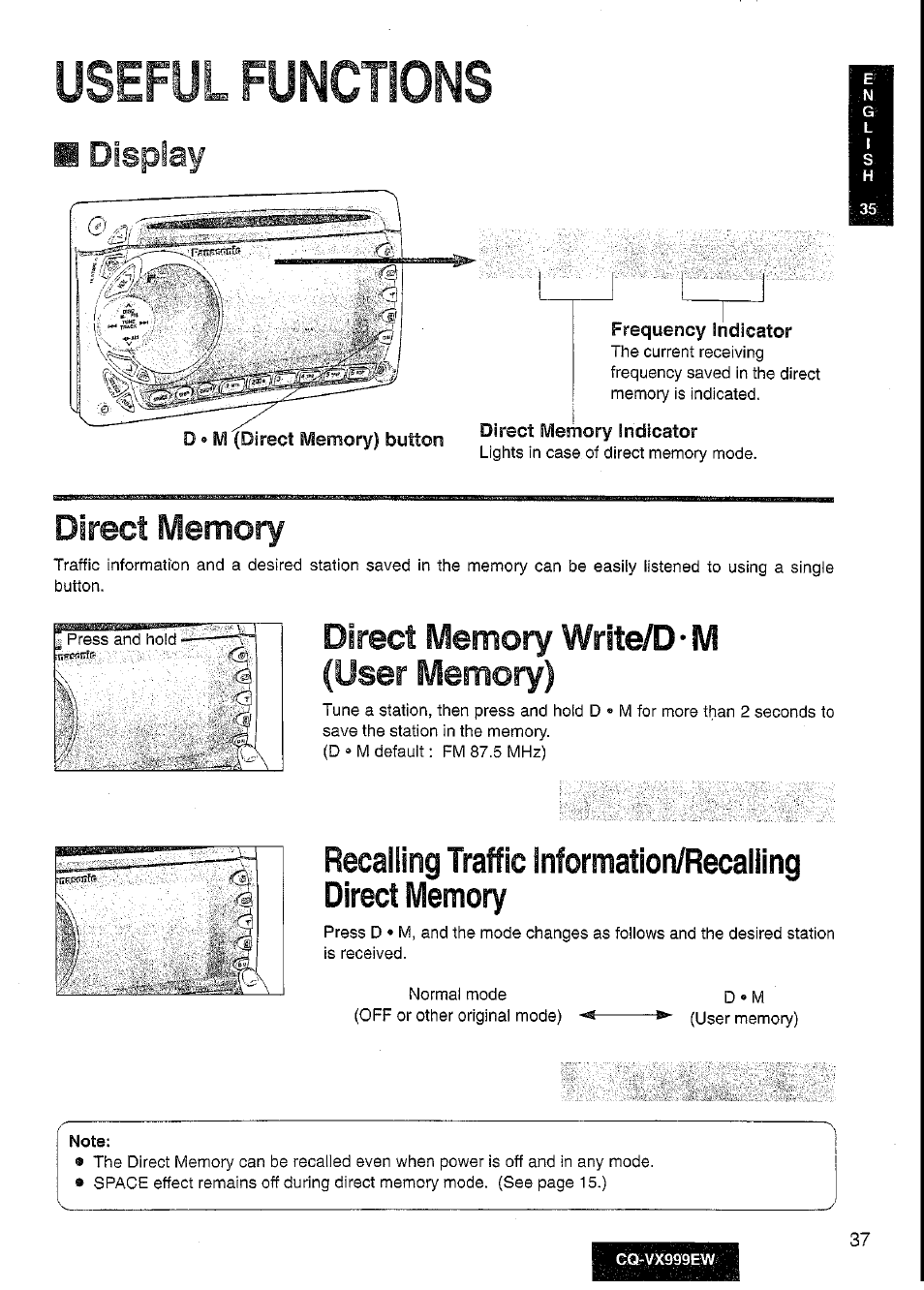 Useful functions, Direct memory, Direct memory write/d m | Note, Display | Panasonic CQ-VX999EW User Manual | Page 37 / 54