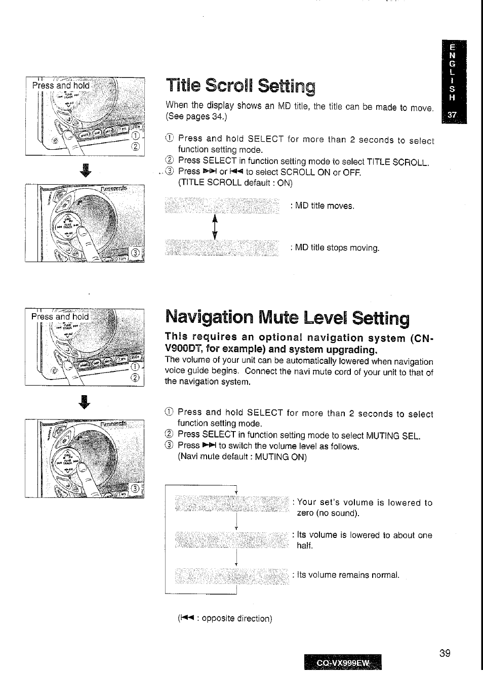 Title scroll setting, Navigation mute level setting | Panasonic CQ-VX999EW User Manual | Page 39 / 54
