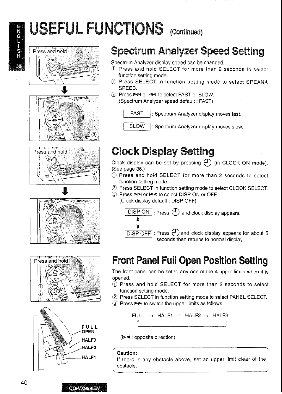 Useful functions (continued), Spectrum analyzer speed setting, Front panel full open position setting | Caution, Useful functions, Clock display setting | Panasonic CQ-VX999EW User Manual | Page 40 / 54