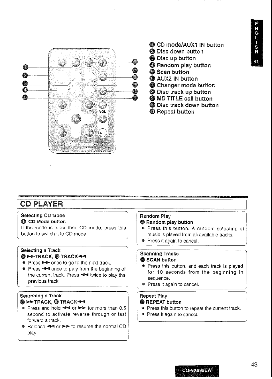 Cd player | Panasonic CQ-VX999EW User Manual | Page 43 / 54