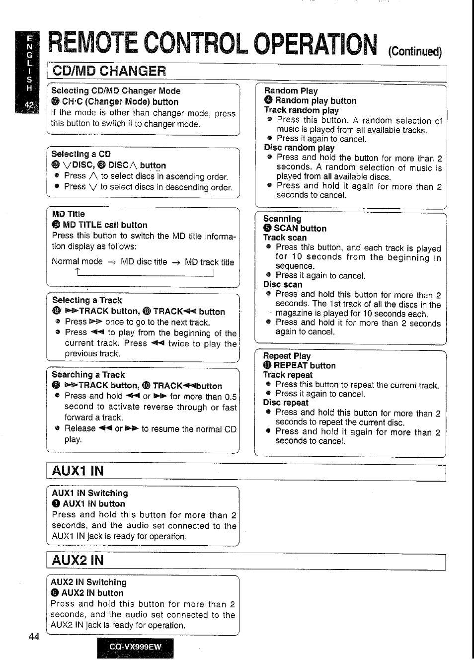 Remote control operation, Cd/md changer, Aux1 in | Aux2 in | Panasonic CQ-VX999EW User Manual | Page 44 / 54