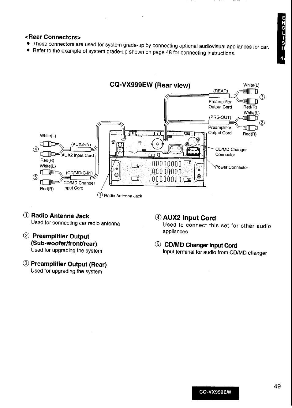 Rear connectors, Radio antenna jack, D preamplifier output (sub-woofer/front/rear) | D preamplifier output (rear) | Panasonic CQ-VX999EW User Manual | Page 49 / 54