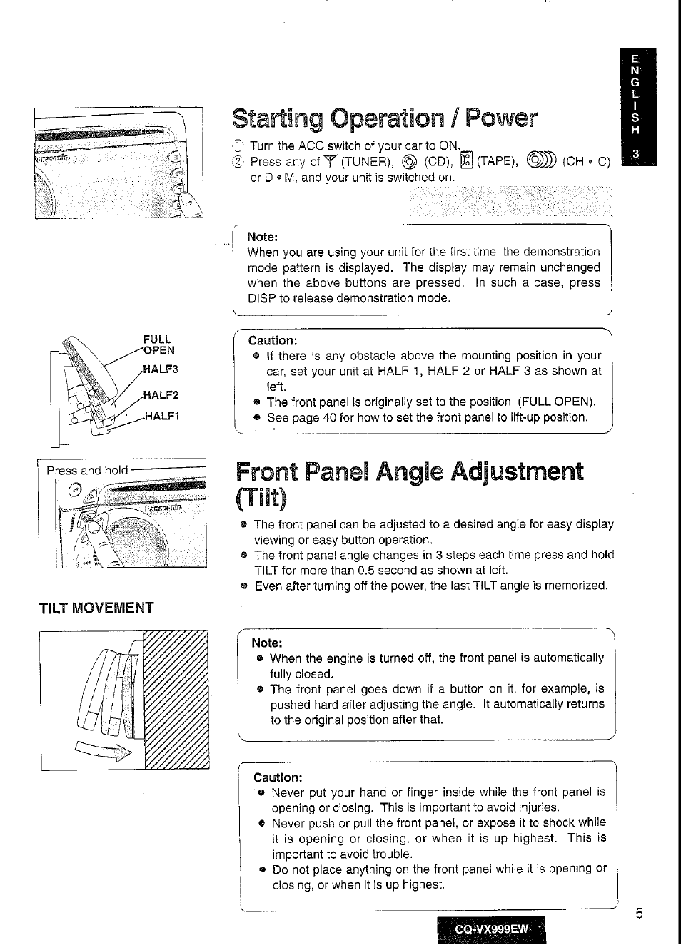 Note, Caution, Front panel angie | Tilt), Starting operation / power, Adjustment | Panasonic CQ-VX999EW User Manual | Page 5 / 54