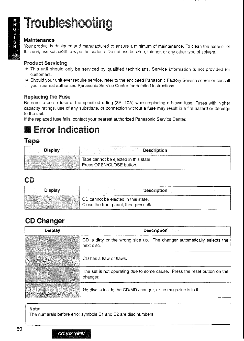 Troubleshooting, Tape, Cd changer | Note, Indication, Error | Panasonic CQ-VX999EW User Manual | Page 50 / 54