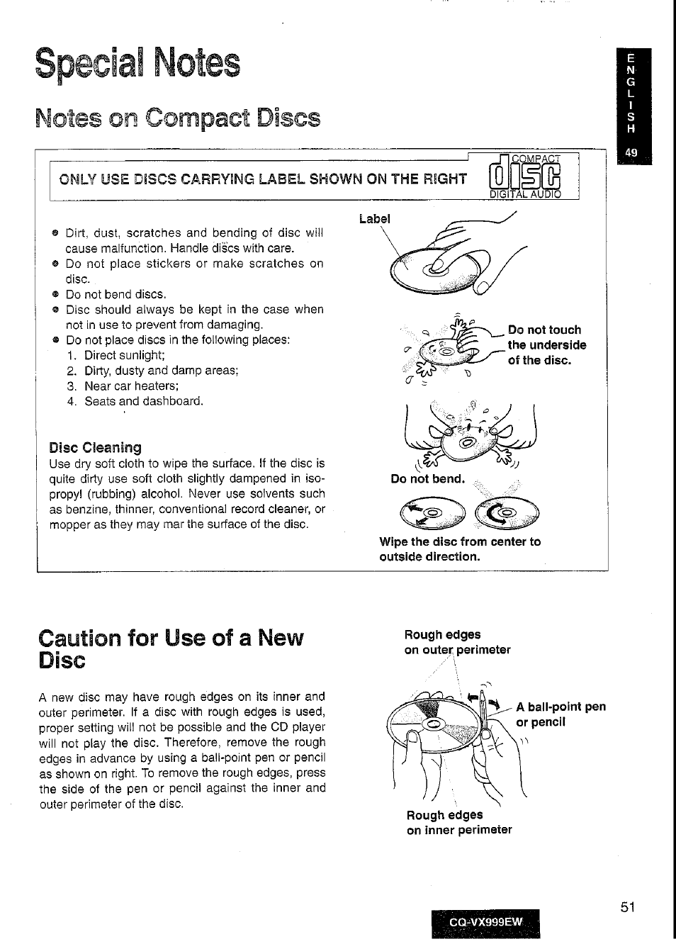 Special notes, Caution for use of a new disc | Panasonic CQ-VX999EW User Manual | Page 51 / 54