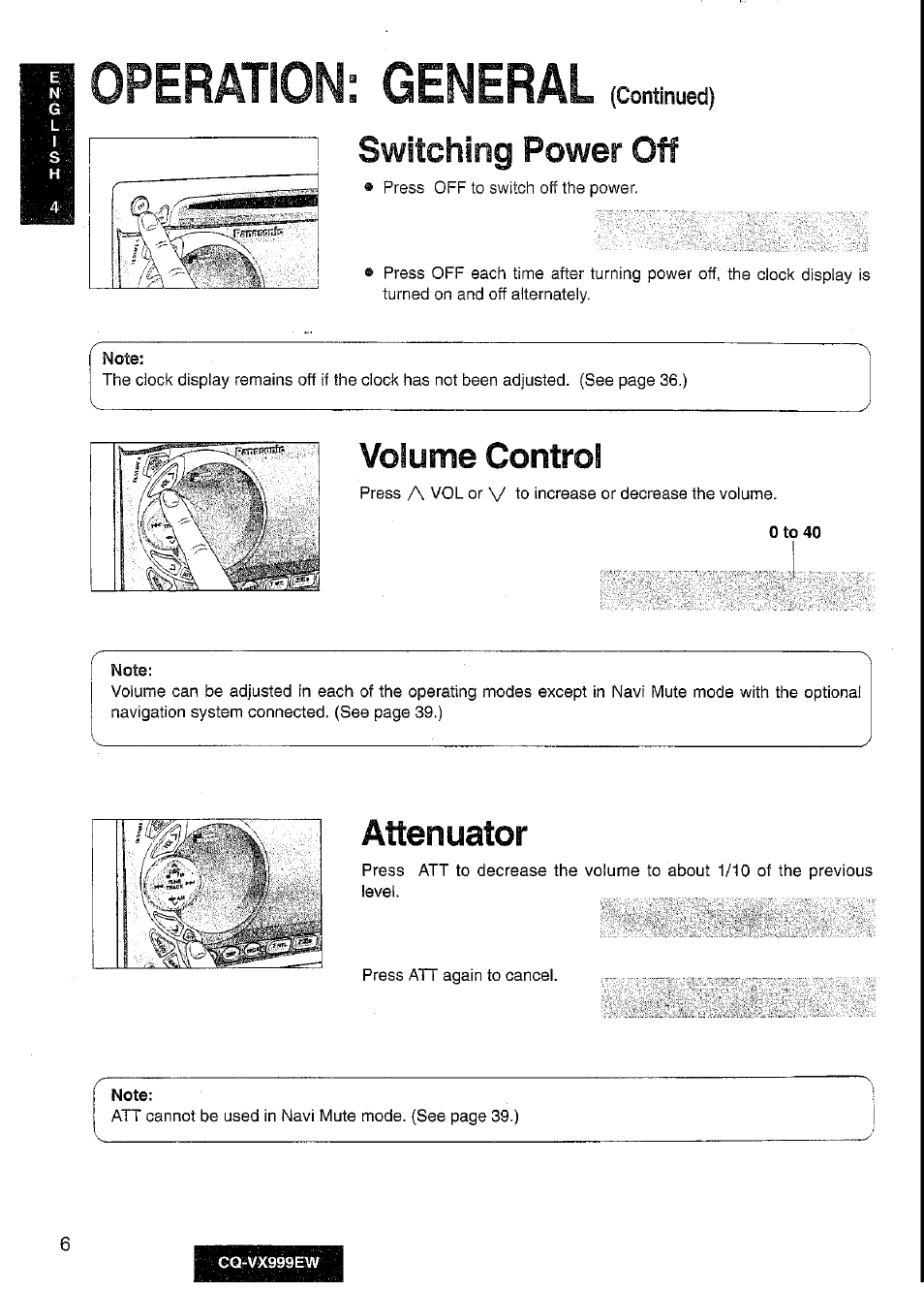 Volume control, Attenuator, Operation: general | Switching power off | Panasonic CQ-VX999EW User Manual | Page 6 / 54