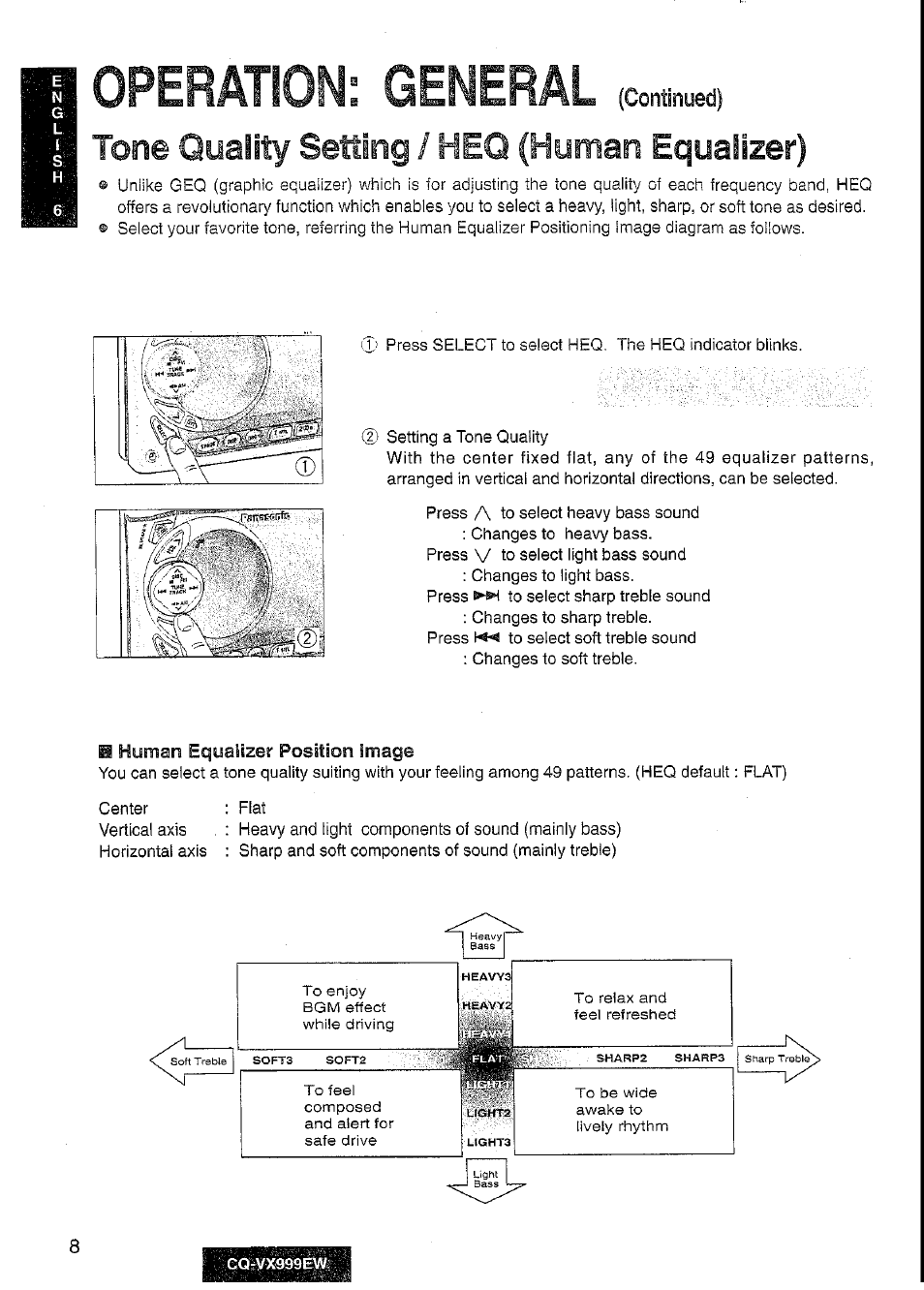 Tone quality setting / heq (human equalizer), Operation: general | Panasonic CQ-VX999EW User Manual | Page 8 / 54