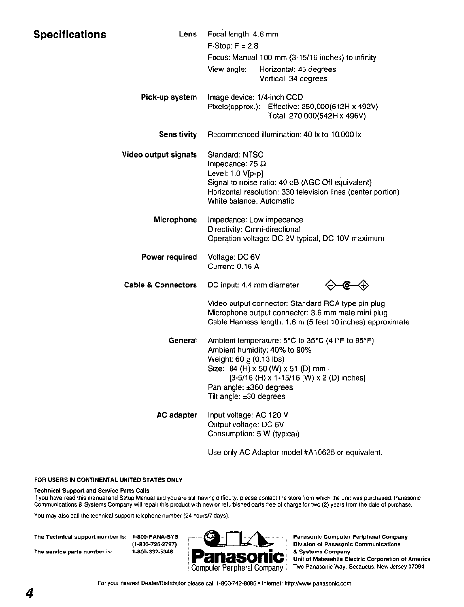 Specifications, Panasonic, Computer peripheral company | Panasonic GP-KR001 User Manual | Page 4 / 4