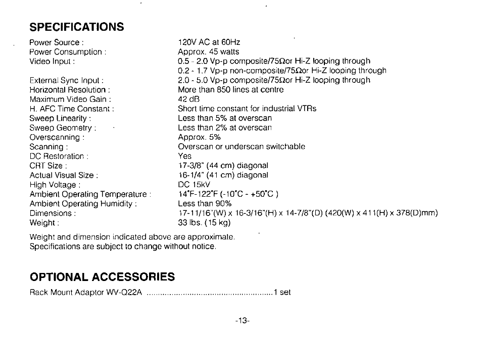 Specifications, Optional accessories | Panasonic WV-BM1700 User Manual | Page 15 / 16