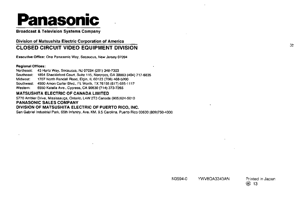 Panasonic, Closed circuit video equipment division | Panasonic WV-BM1700 User Manual | Page 16 / 16