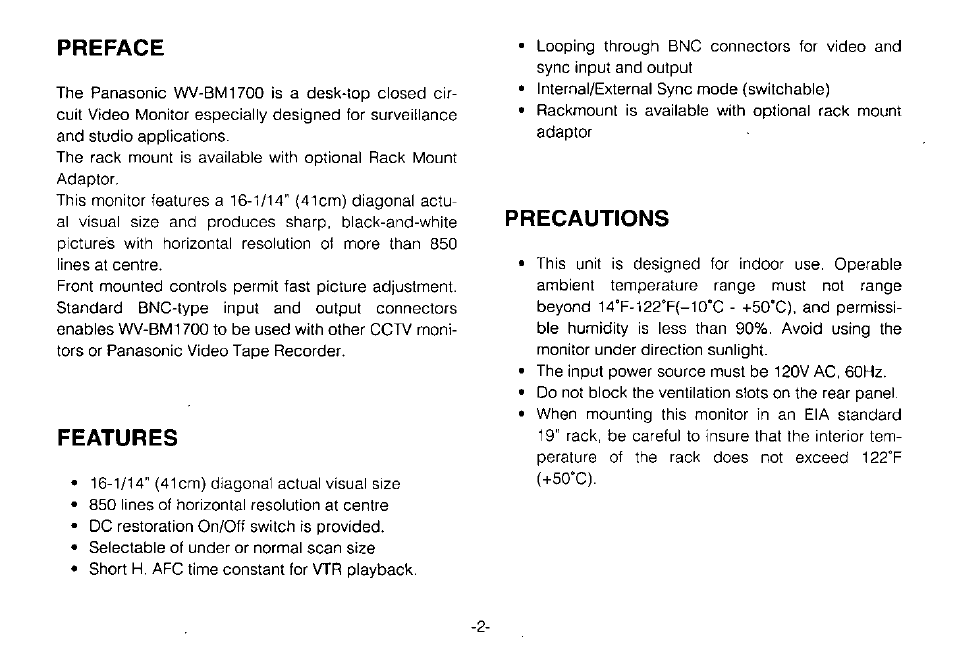 Preface, Features, Precautions | Panasonic WV-BM1700 User Manual | Page 4 / 16