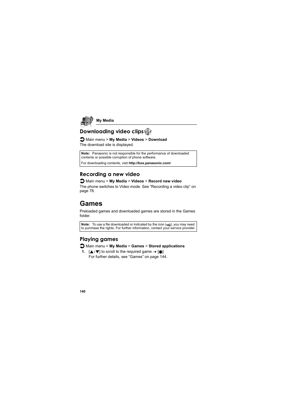 Games, Downloading video clips, Recording a new video | Playing games | Panasonic EB-SA7  EN User Manual | Page 143 / 168