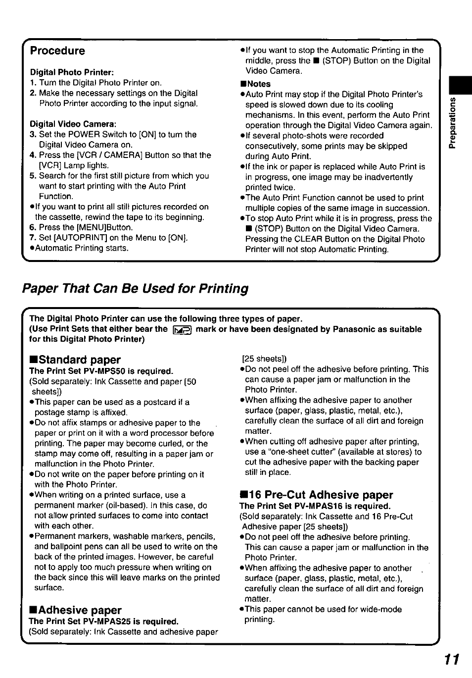 Digital photo printer, Digital video camera, Notes | Paper that can be used for printing, Paper that can be used for printing w | Panasonic PV-PD2000 User Manual | Page 11 / 60