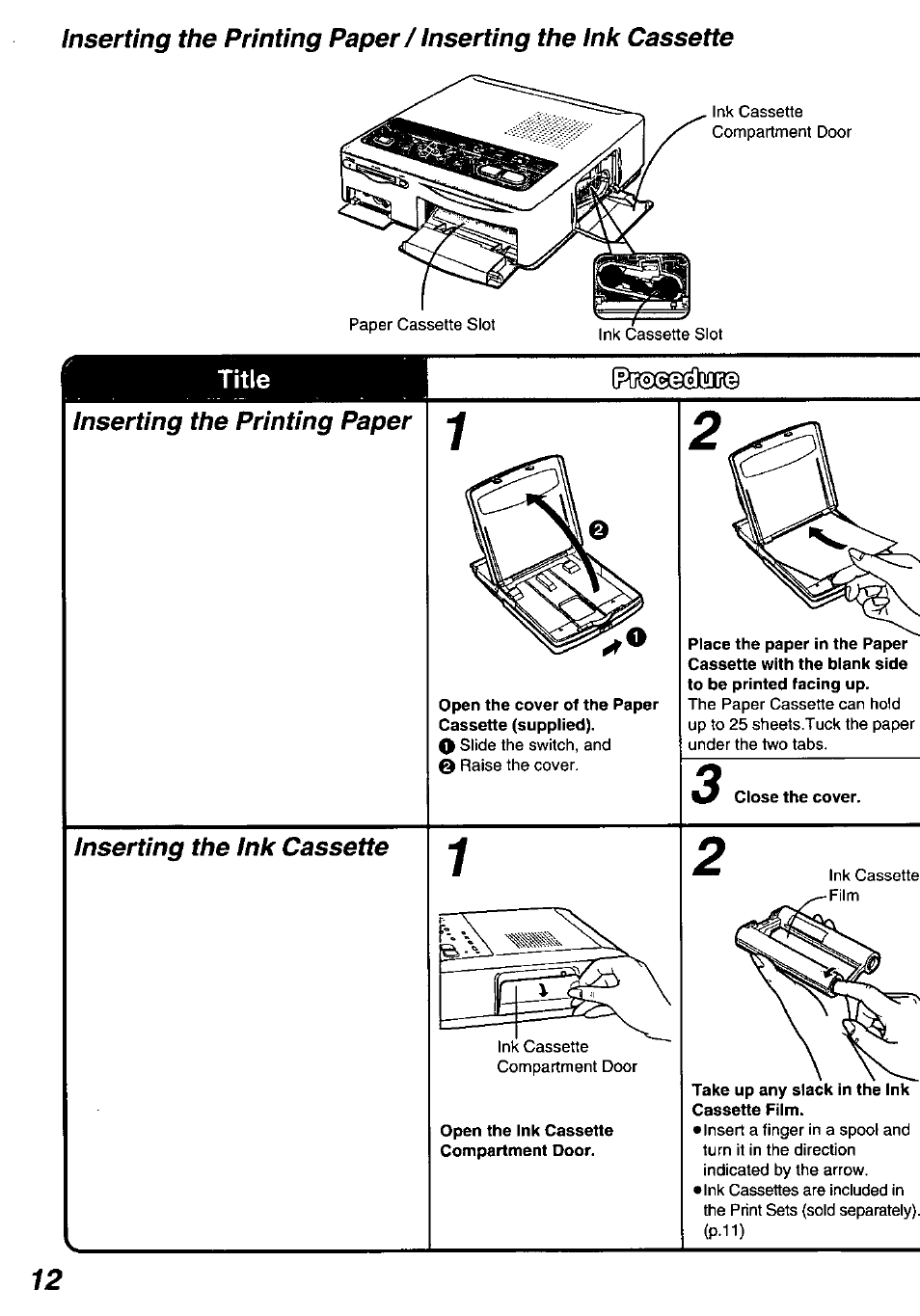 Open the cover of the paper cassette (supplied), Close the cover, Inserting the ink cassette | Inserting the ink cassette 2, Title inserting the printing paper | Panasonic PV-PD2000 User Manual | Page 12 / 60