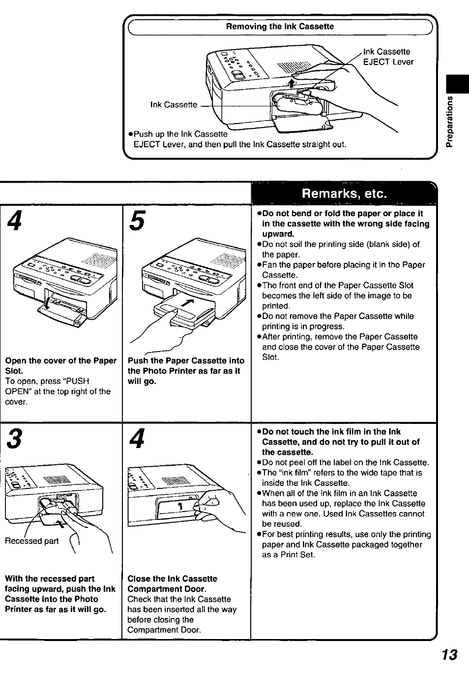 Open the cover of the paper slot, Close the ink cassette compartment door, Remarks, etc | Panasonic PV-PD2000 User Manual | Page 13 / 60