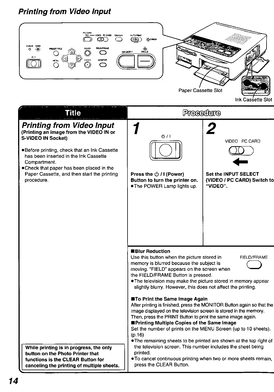 Printing from video input, Blur reduction, To print the same image again | Panasonic PV-PD2000 User Manual | Page 14 / 60